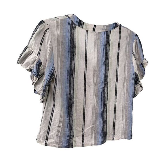 Drew Linen Blend Striped Ruffle Flutter Sleeve V-Neck Button Down Blue Top XS - Picture 2 of 6